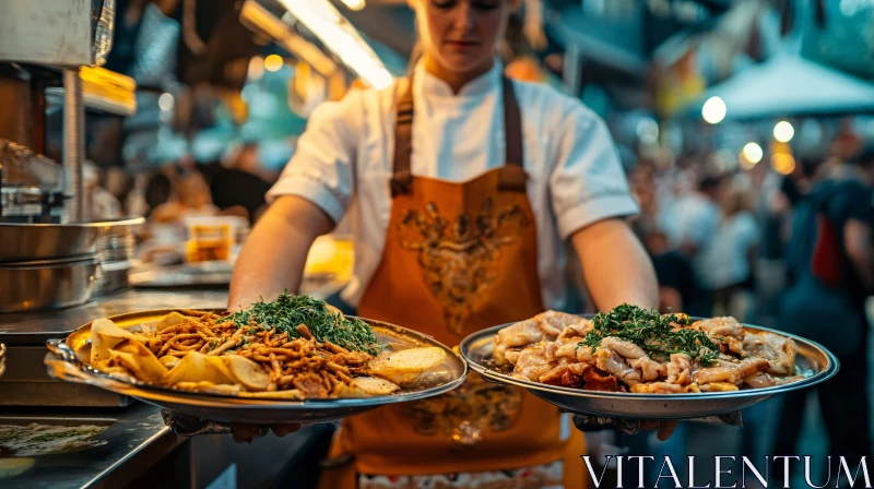 Chef at Street Market with Plates of Cuisine AI Image