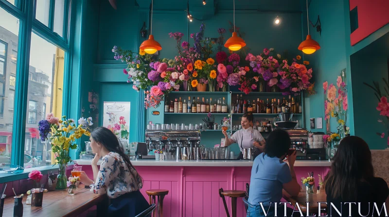 Flower Shop Cafe with Colorful Decor AI Image