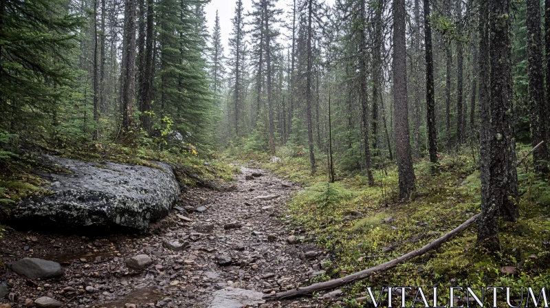 Tranquil Forest Path Through Tall Trees AI Image