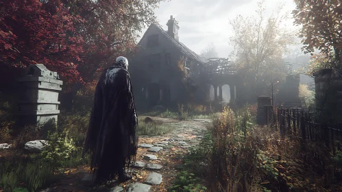 Cloaked Figure in front of Abandoned House