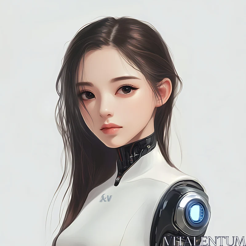 Digital Painting of Female Cyborg with Mechanical Arm AI Image