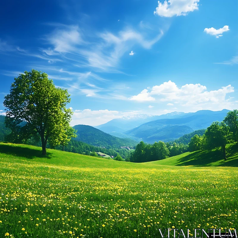 Scenic Mountain Meadow with Blue Sky AI Image