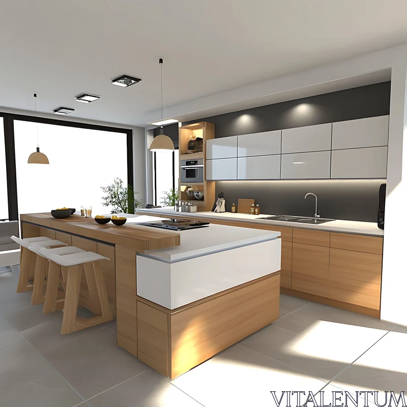 AI ART Sleek Kitchen with Wood Accents