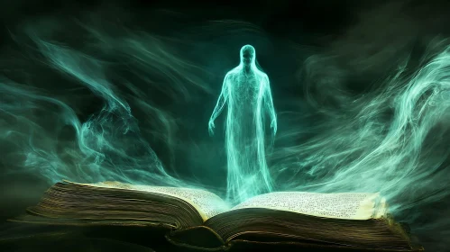 Mystical Figure Rising from Open Tome