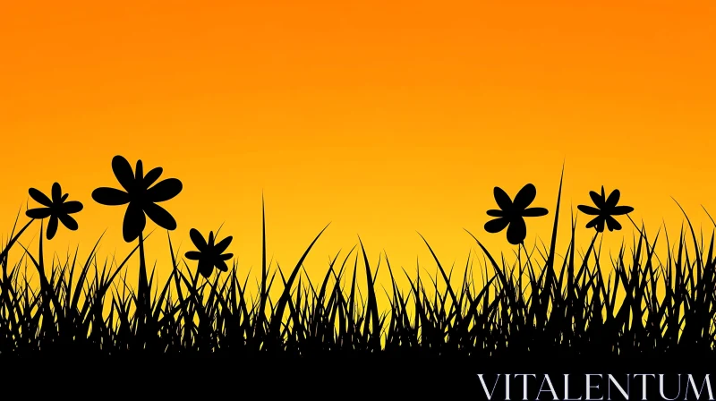 Black Flowers and Grass on Orange Background AI Image