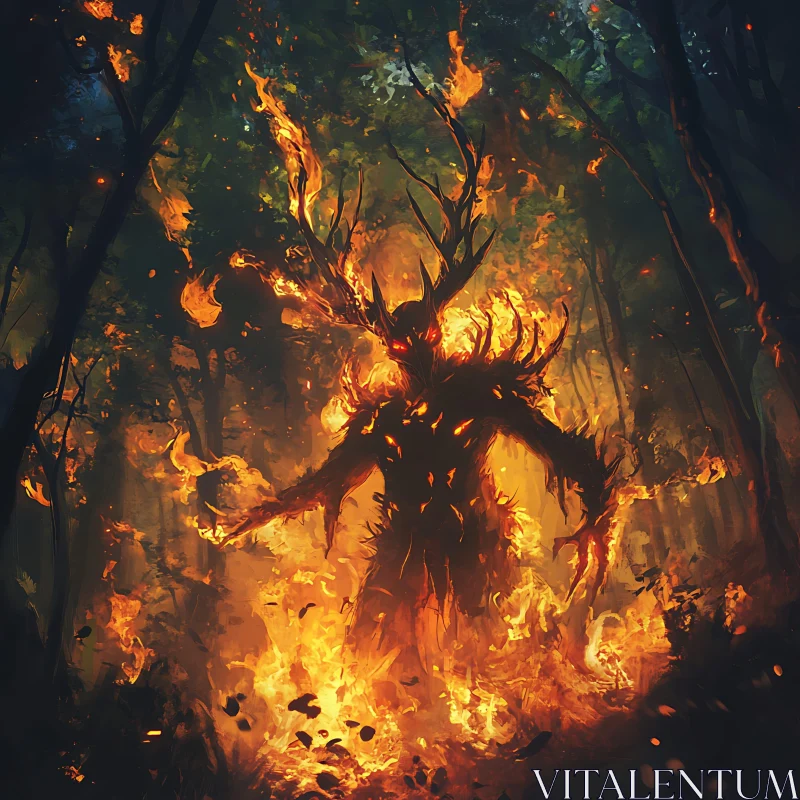 AI ART Flaming Entity in the Dark Woods