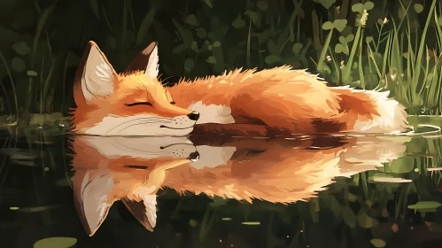 Tranquil Fox in Water with Greenery