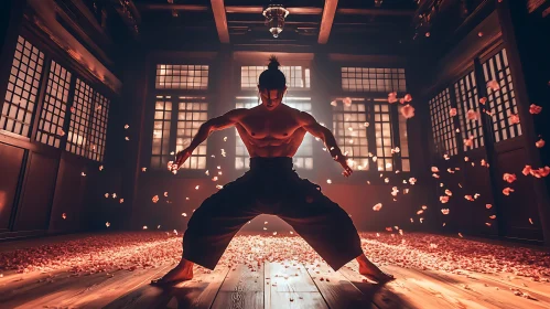 Muscular Man in Tranquil Floral Setting