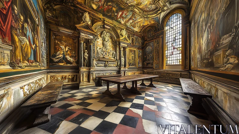 AI ART Vintage Hall with Checkered Floor