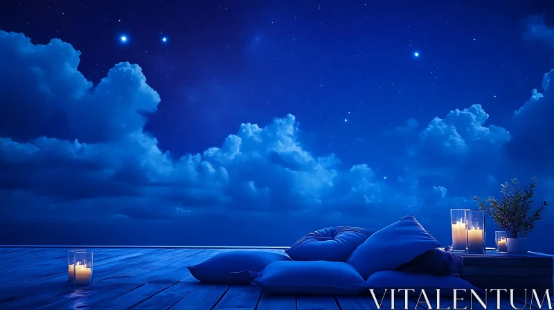 Blue Night Serenity with Pillows and Candles AI Image