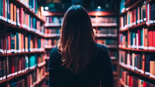 Library Scene with Woman and Bookshelves