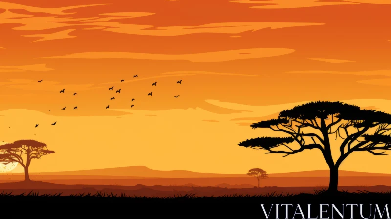 African Savannah Silhouette at Sunset - Nature-Inspired Artwork AI Image