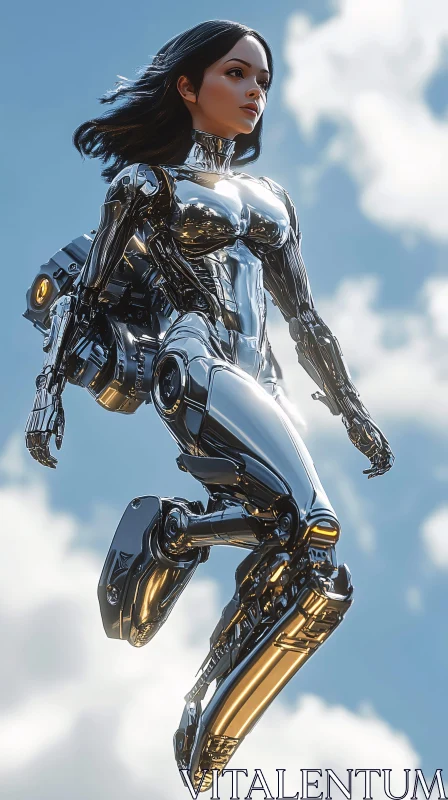 Advanced Chrome Female Cyborg in Sky AI Image