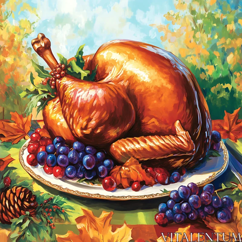 Festive Turkey with Grapes and Autumn Leaves AI Image