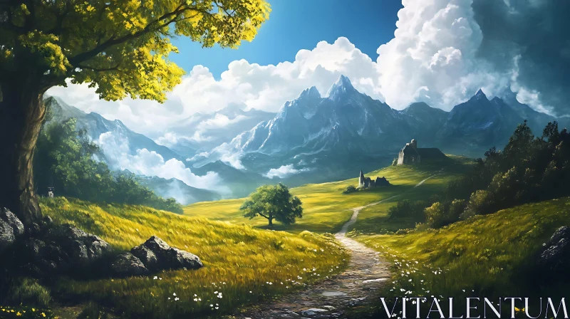 AI ART Golden Meadow Path to Mountain View