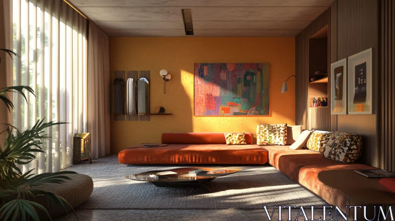 Modern Interior with Orange Sofa AI Image