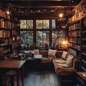 A Cozy Library Interior with Warm Lighting