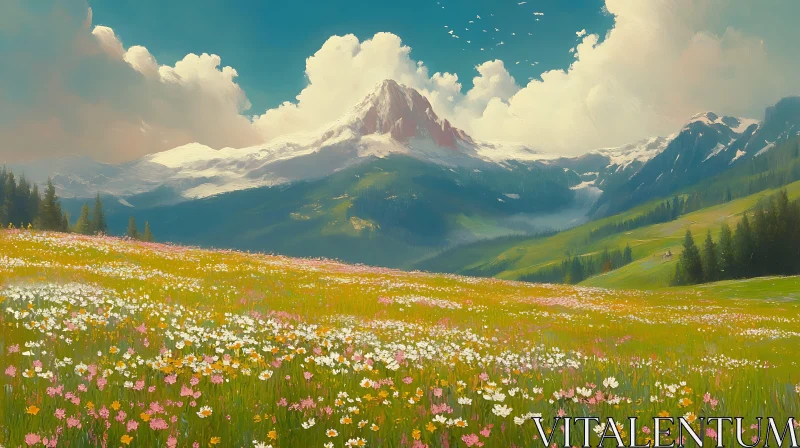 AI ART Floral Meadow with Mountain View Artwork