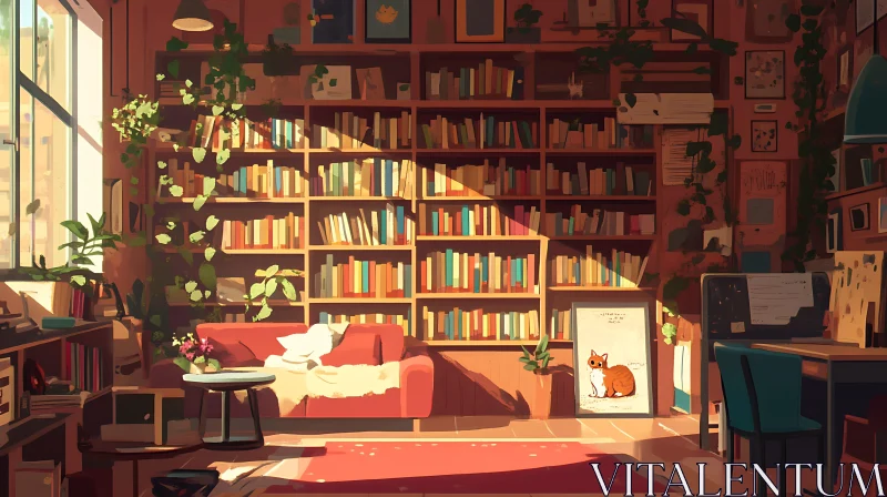 AI ART Sunlit Bookshelf in a Relaxing Room