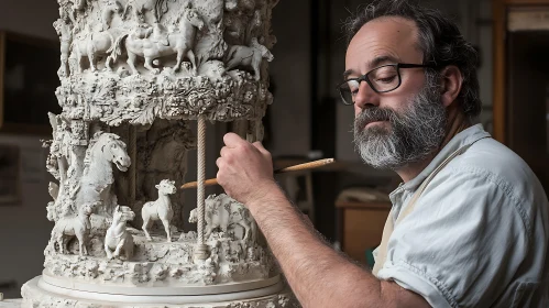 Bearded Artist Crafting Detailed Sculpture