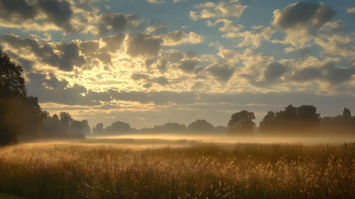 Misty Morning Meadow at Sunrise