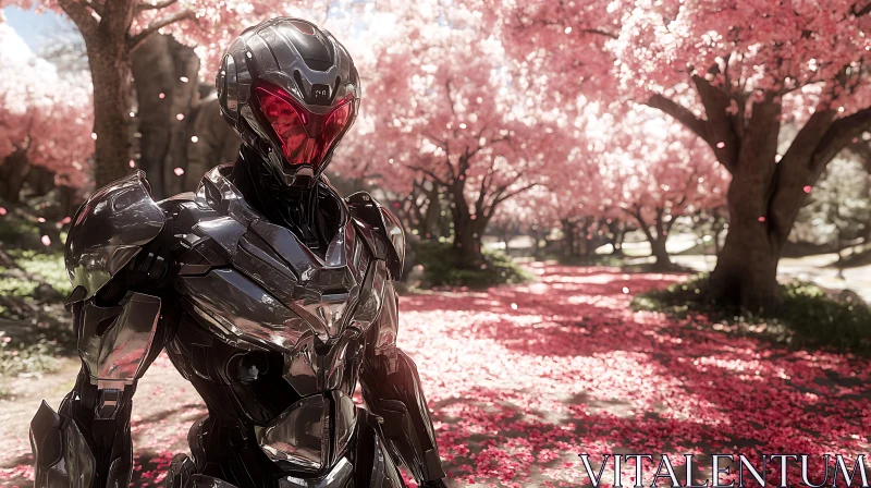 Armored Robot in Cherry Blossom Path AI Image