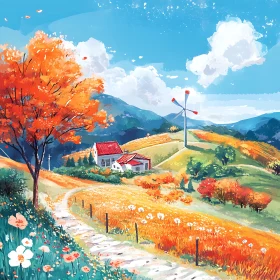 Idyllic Autumn Scene with House and Windmill