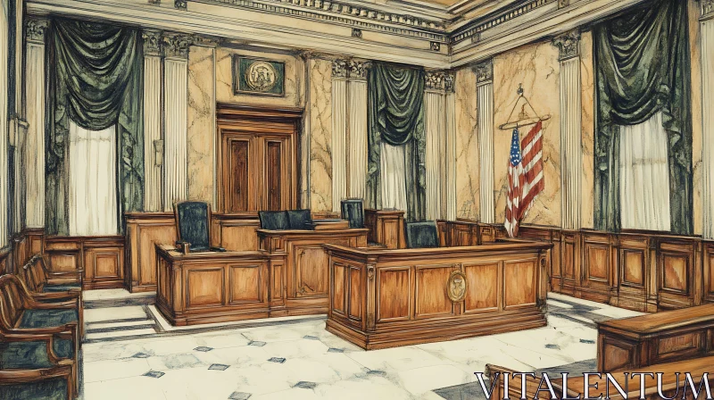 AI ART Classic Courtroom Scene with Wooden Furnishings