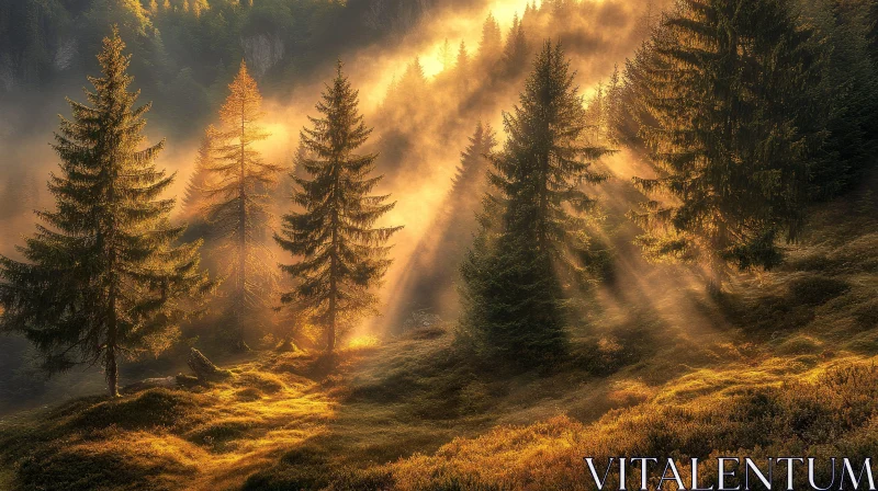 AI ART Misty Sunrise in the Pine Forest