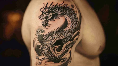 Black Ink Dragon Tattoo on Human Arm