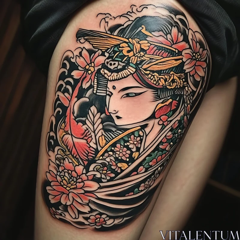 Traditional Japanese Woman and Floral Tattoo Design AI Image