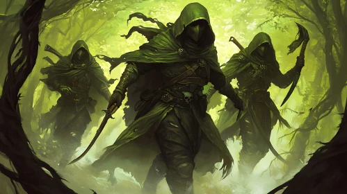 Green Hooded Figures in the Woods