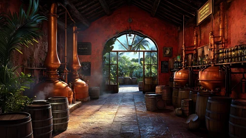 Rustic Distillery Interior with Tropical View