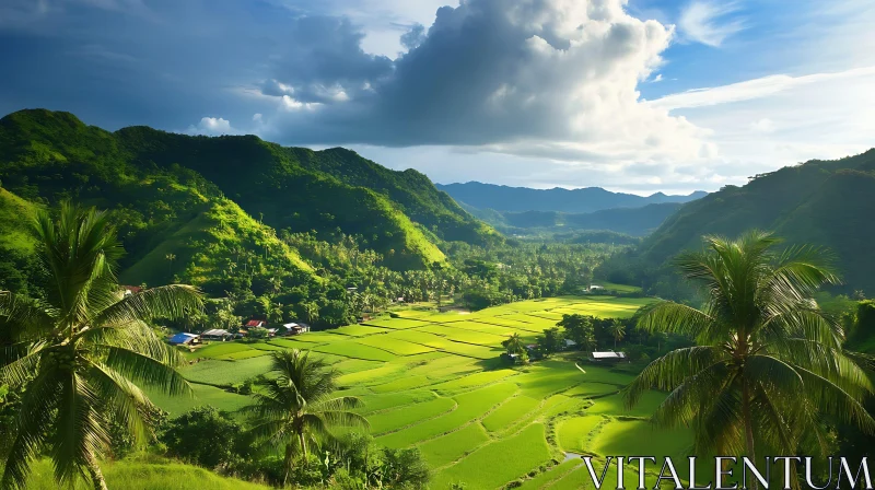 AI ART Lush Green Rice Fields in Hilly Landscape