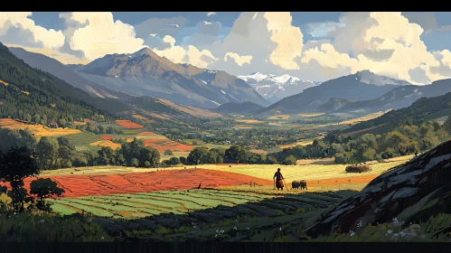 Idyllic Mountain Valley Scene with Fields