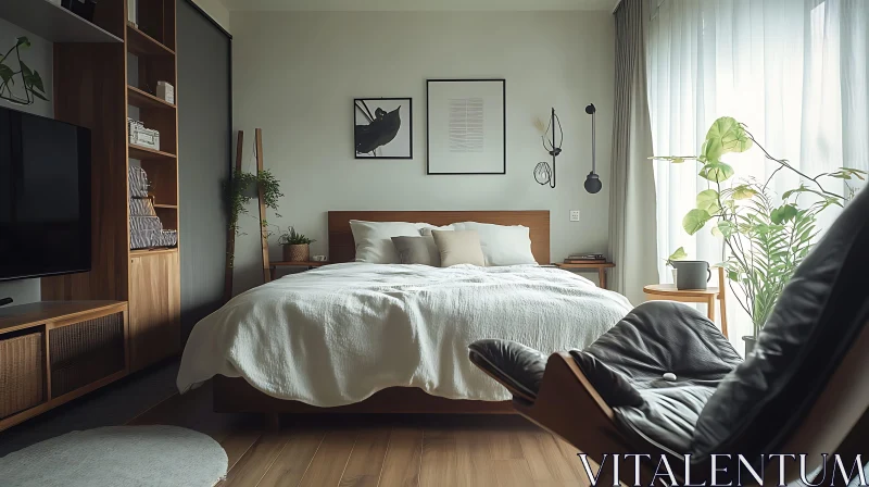 AI ART Minimalist Bedroom with Wooden Furniture