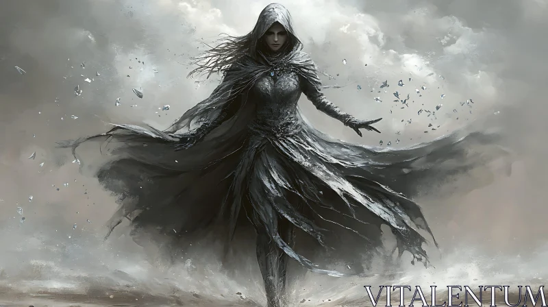 AI ART Hooded Woman in a Grey Storm