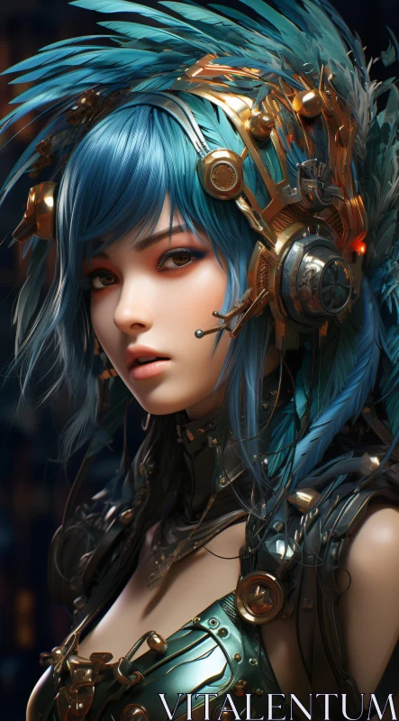 Cybernetic Woman with Blue Hair and Feathered Headpiece AI Image