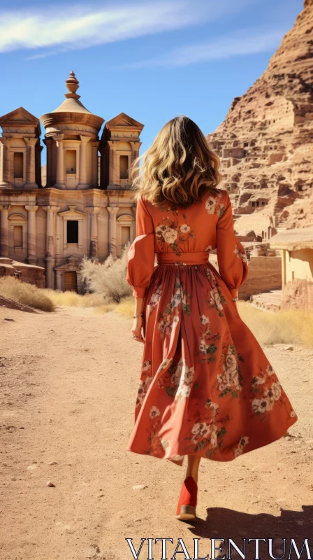 Elegant Orange Dress and Boots in the Desert | Romantic Floral Motifs AI Image