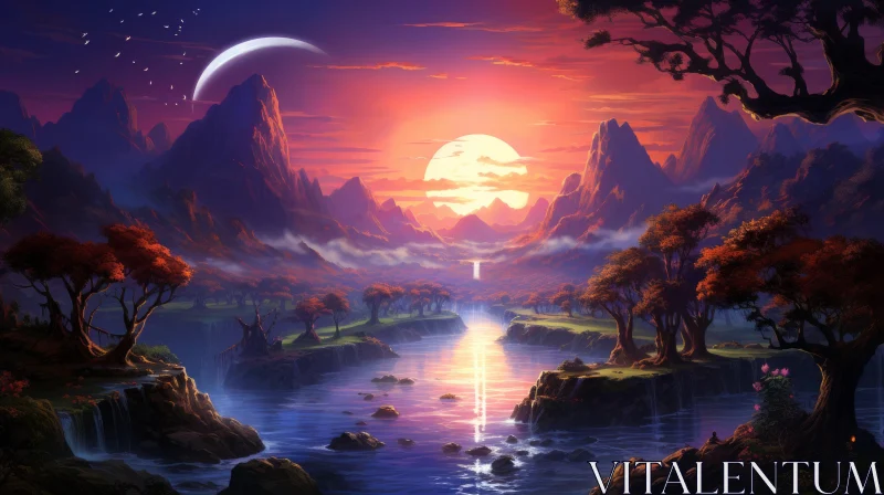 Fantasy Valley Sunset: A Romantic Arcadian Landscape AI Image