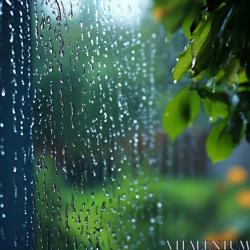 Raindrops on Windowpane with Lush Leaves AI Image