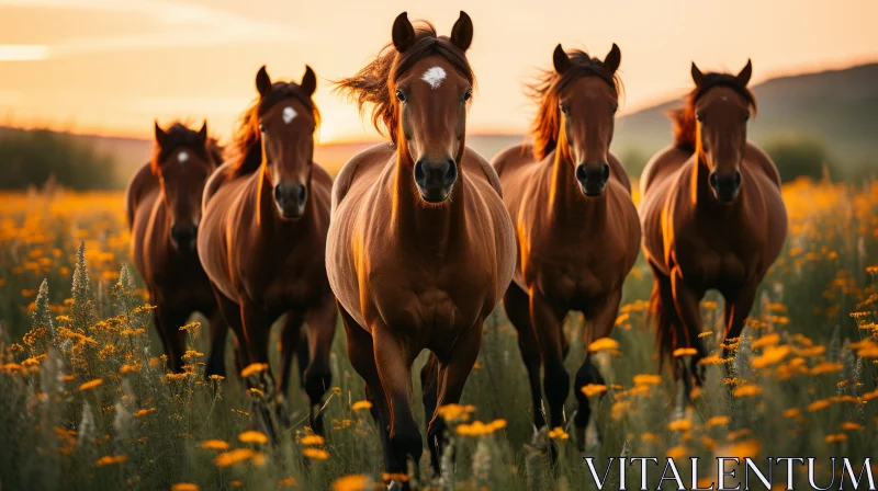 Golden Light Captures Horses Galloping in Field - Timeless Beauty & Empowerment AI Image