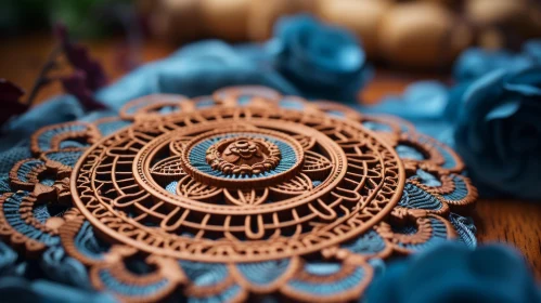 Intricate Wooden Pendant with Blue Flowers - Terracotta Art