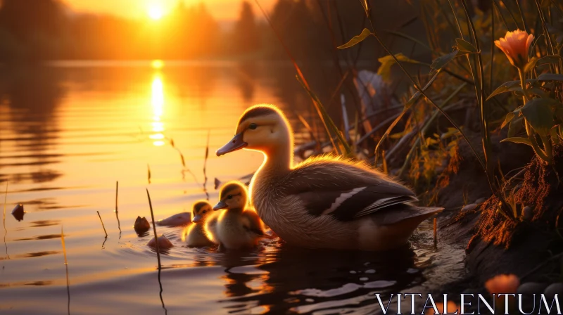 Mother Duck and Ducklings Swimming at Sunset AI Image