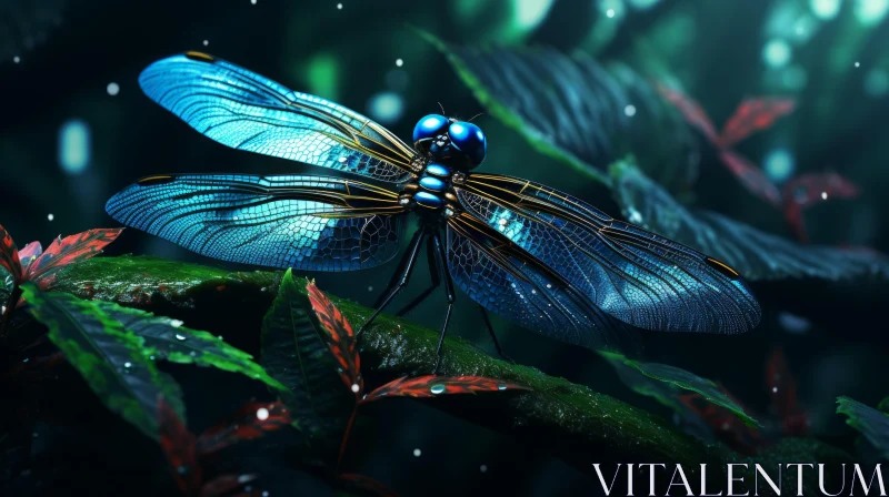 Mystical Nocturne: Cerulean Dragonfly in a Rainy Forest AI Image