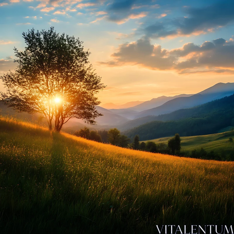 Golden Hour at Mountain Meadow AI Image