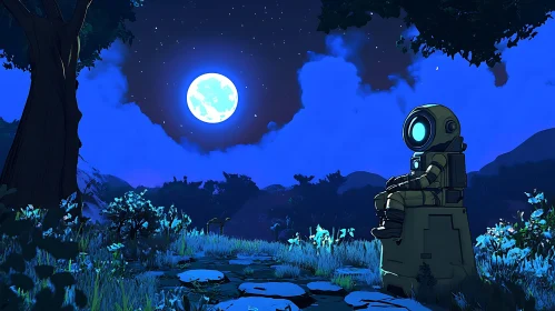 Moonlit Astronaut in Tranquil Meadow