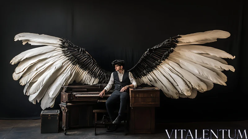 Winged Pianist in Vintage Attire AI Image