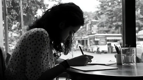 Woman Writing in Cafe Monochrome