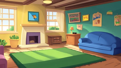 Cozy Cartoon Living Room with Blue Sofa